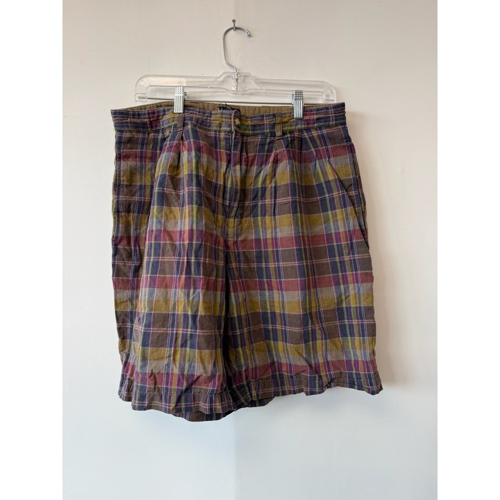 Vintage Tommy Hilfiger Shorts Mens‎ 33 Plaid Multicolor Linen Cotton Summer 90s